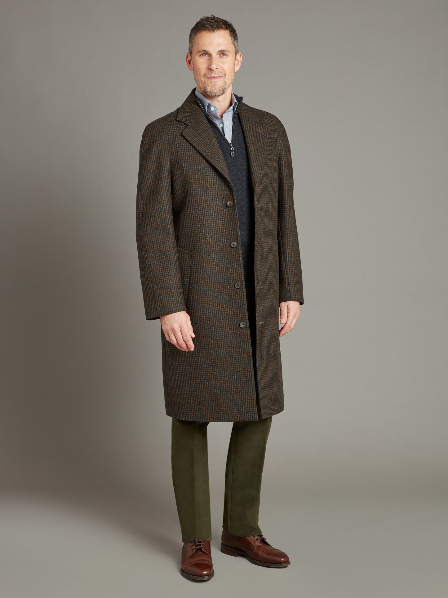 Raglan Sleeve Overcoat Houndstooth - Green/Brown