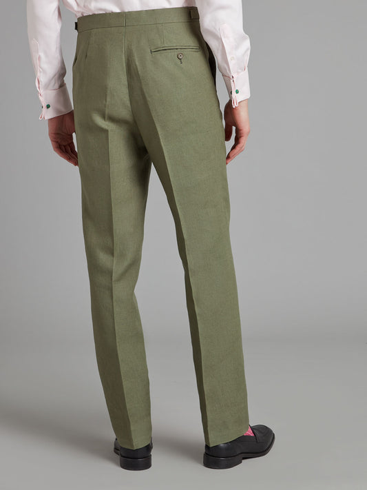Flat Front Linen Trousers - Sage Green