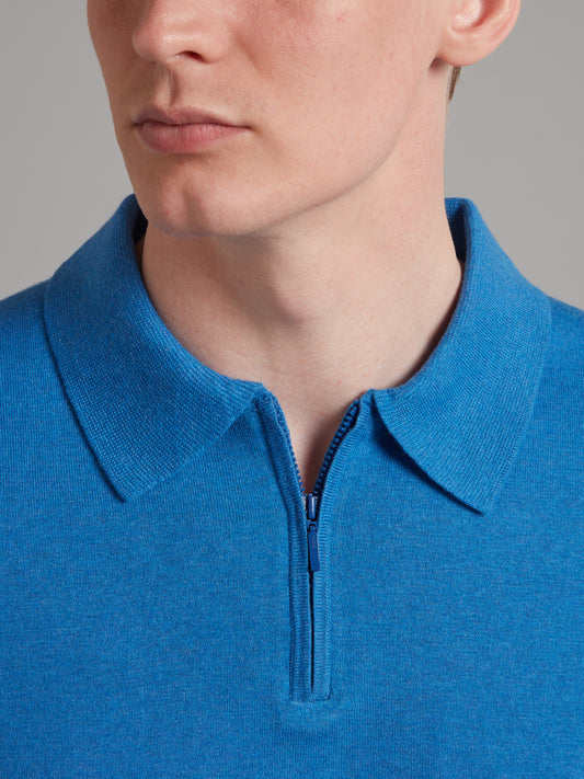 Half Zip Silk Blend Polo Shirt - Blue