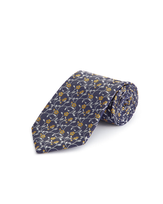 Woven Floral Silk Tie - Navy and Yellow