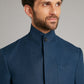 Mandarin Collar Linen Jacket - Navy