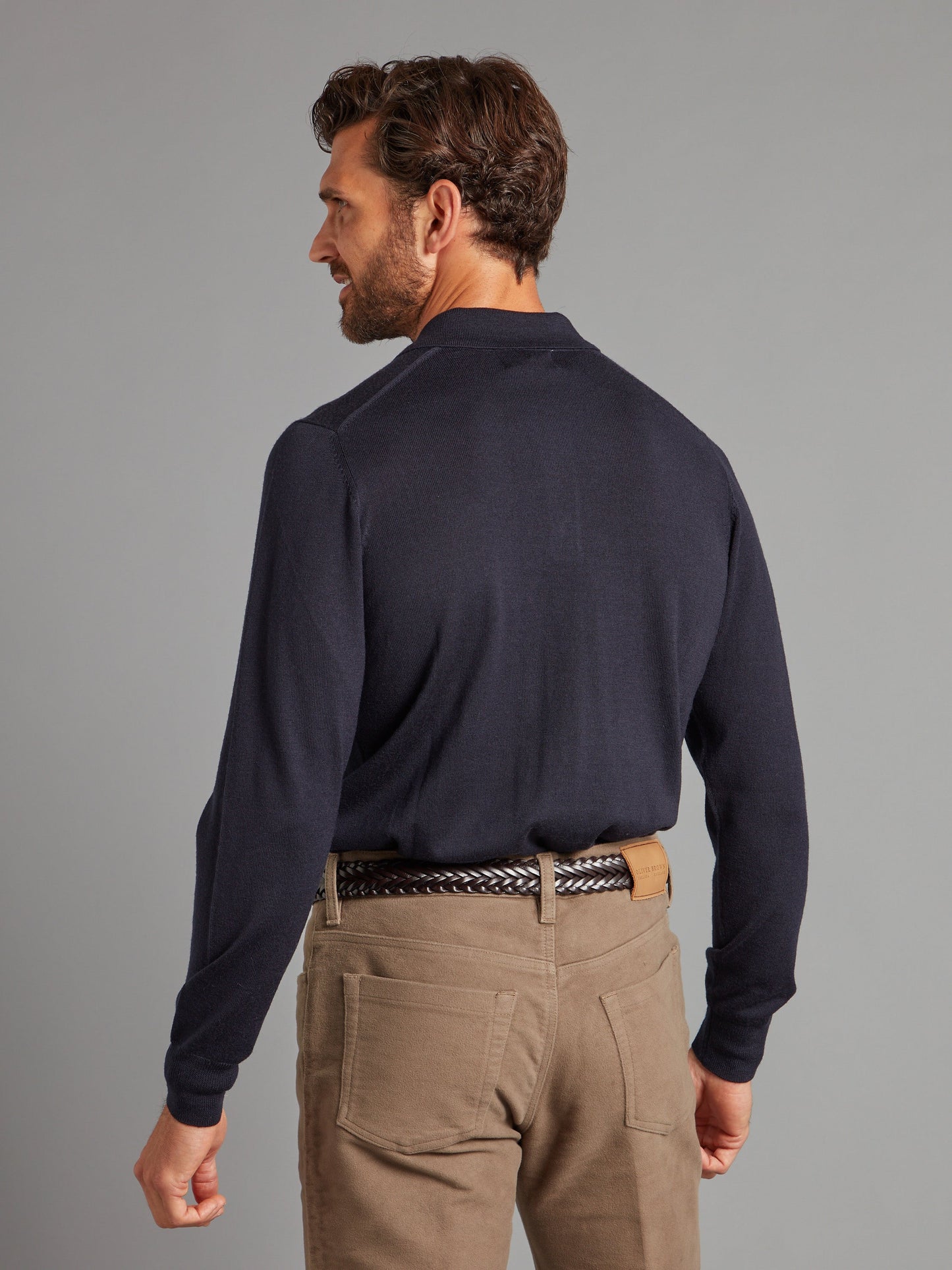 Fine Merino Long Sleeve Polo Shirt - Navy