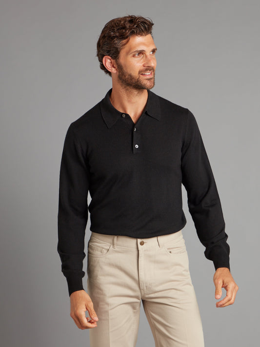Fine Merino Long Sleeve Polo Shirt - Black