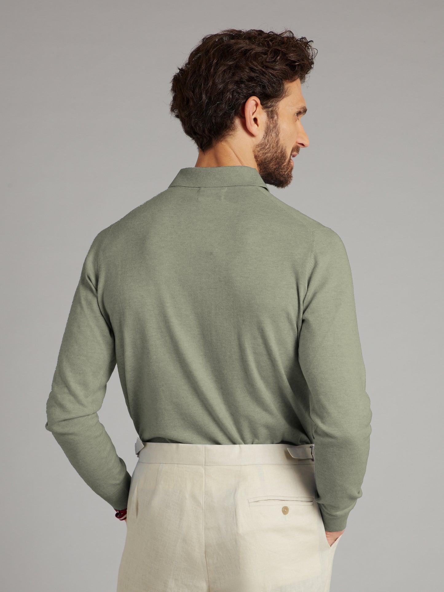 Long Sleeve Silk Blend Polo Shirt - Sage Green