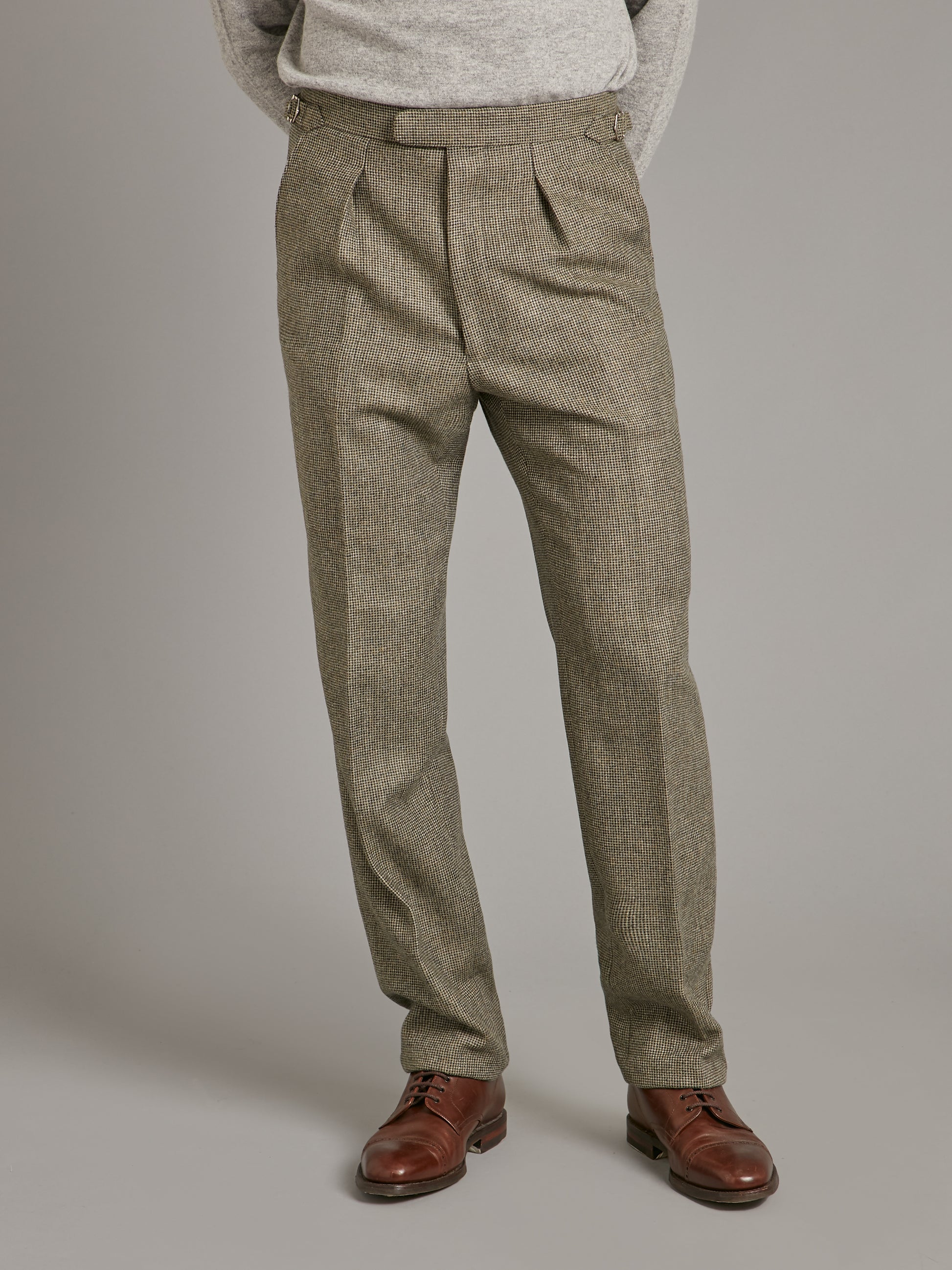 Pleated Trousers - Nailhead Tweed - Cool Sage, Men's Tweed Trousers