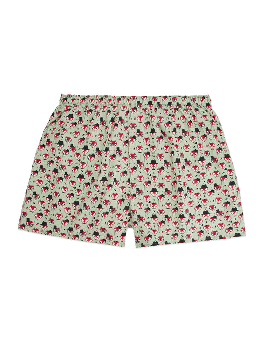 Cotton Boxer Shorts, Fox with Hats - Green Burgundy