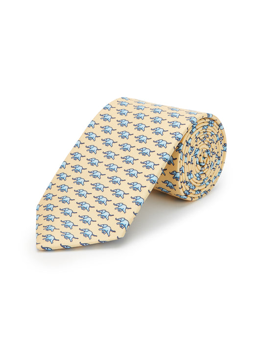 Pure Silk Elephant Tie - Yellow/ Blue