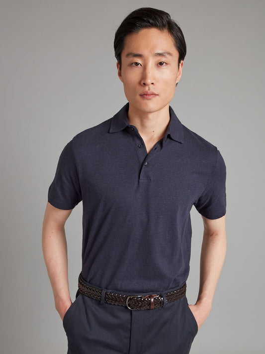 Cotton Linen Blend Polo Shirt - Navy