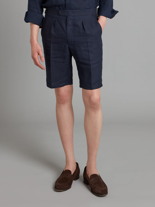 Pleated Shorts - Navy Linen