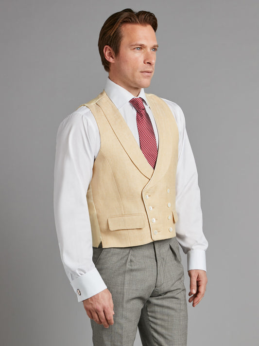 Double Breasted Waistcoat with Piping - Gold Herringbone