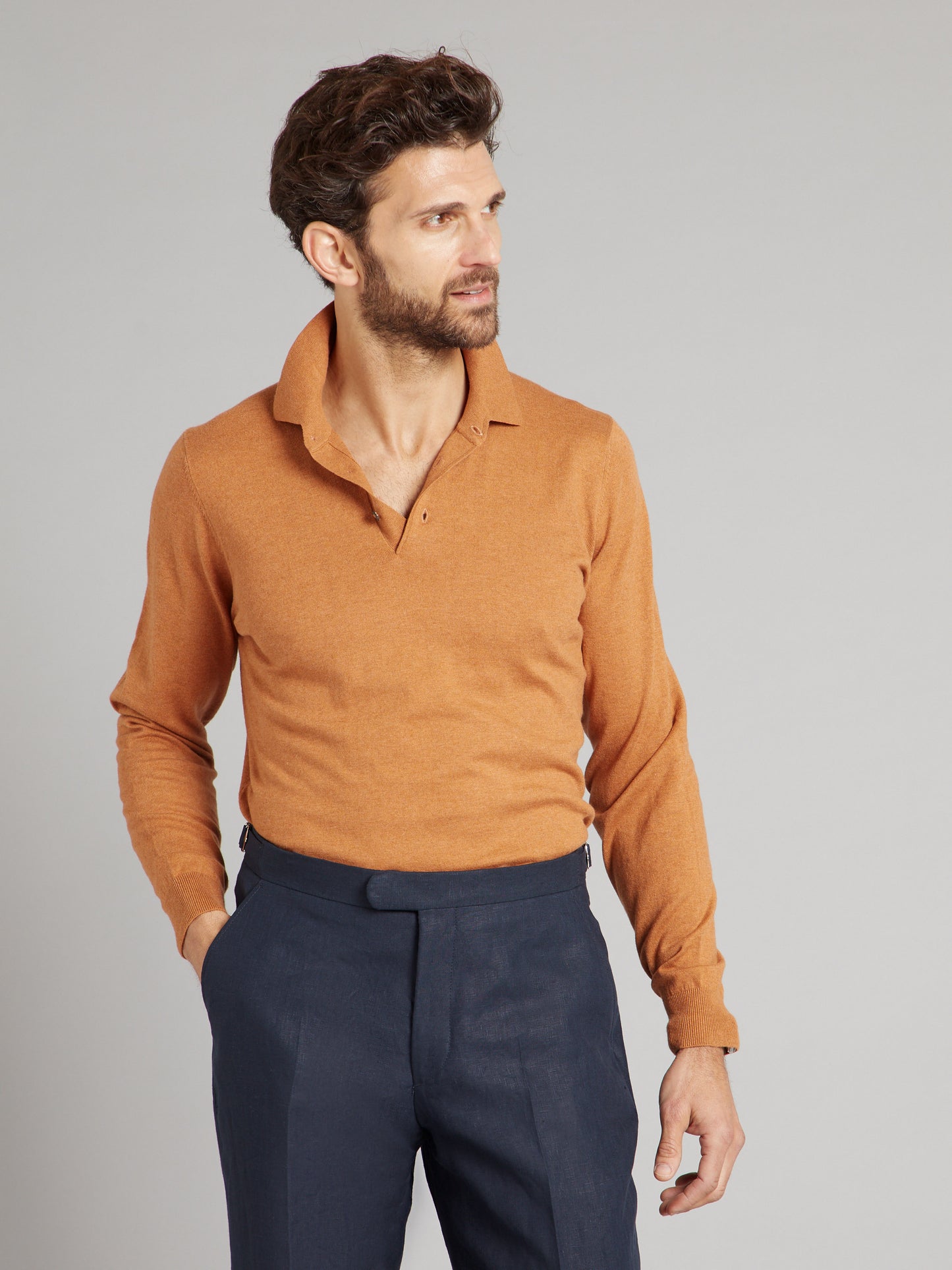 Pentlow Cotton Cashmere LS Polo Shirt - Caramel
