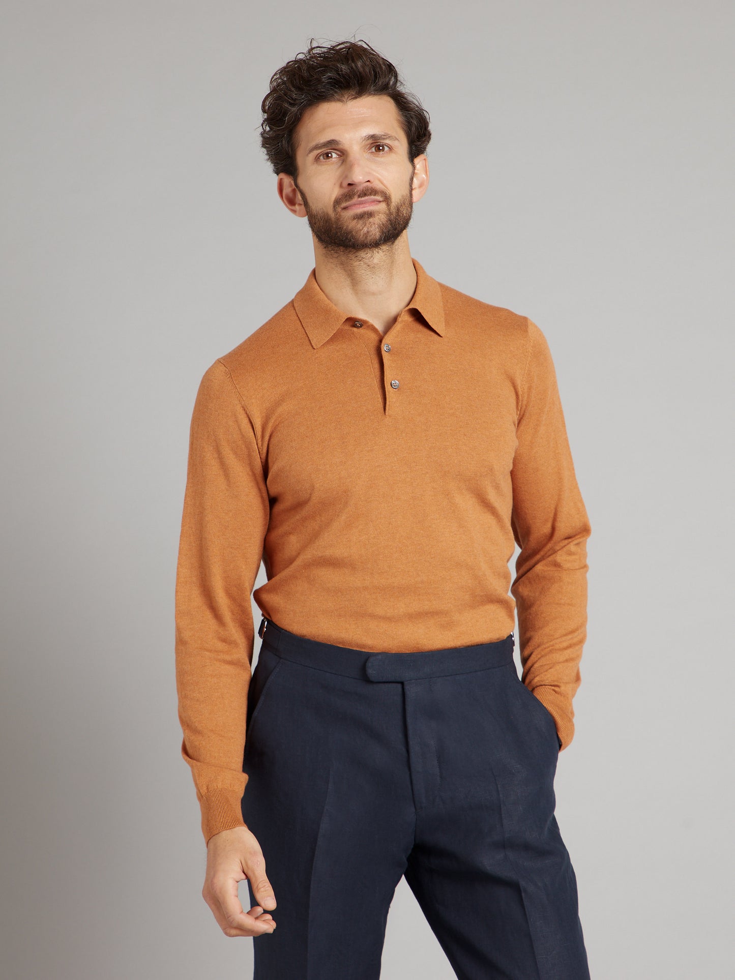 Pentlow Cotton Cashmere LS Polo Shirt - Caramel