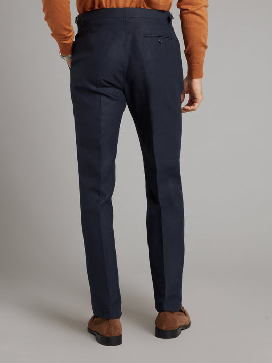 Flat Front Linen Trousers - Navy