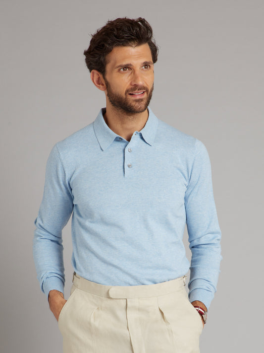 Long Sleeve Silk Blend Polo Shirt - Steel Blue