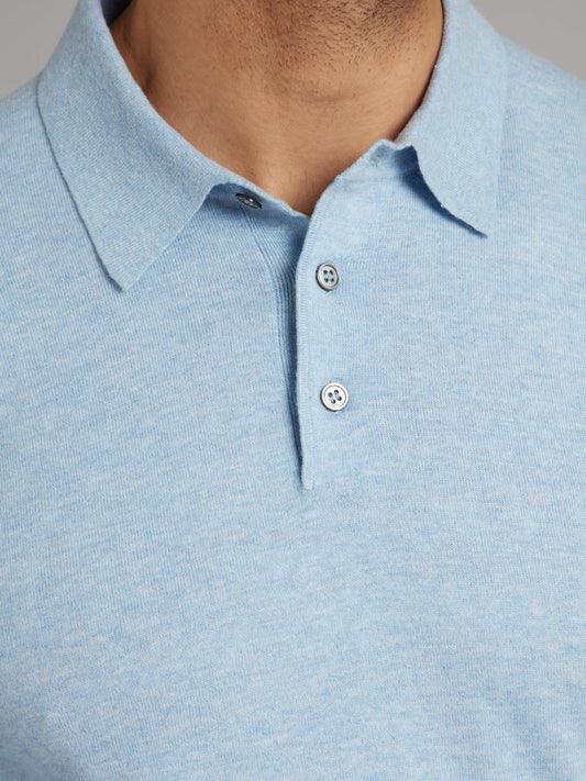 Long Sleeve Silk Blend Polo Shirt - Steel Blue