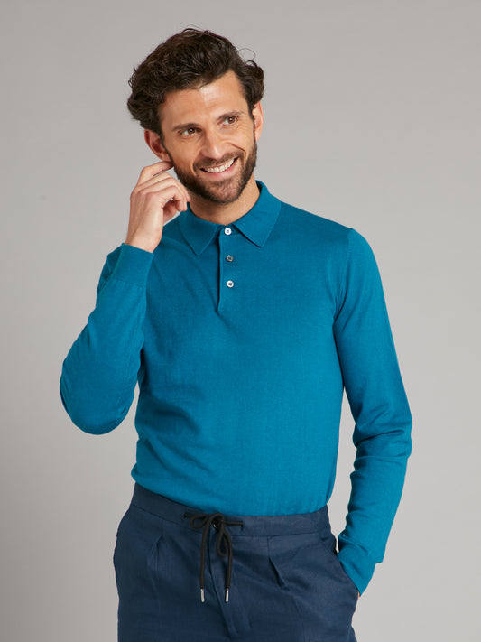 Long Sleeve Silk Blend Polo Shirt - Peacock
