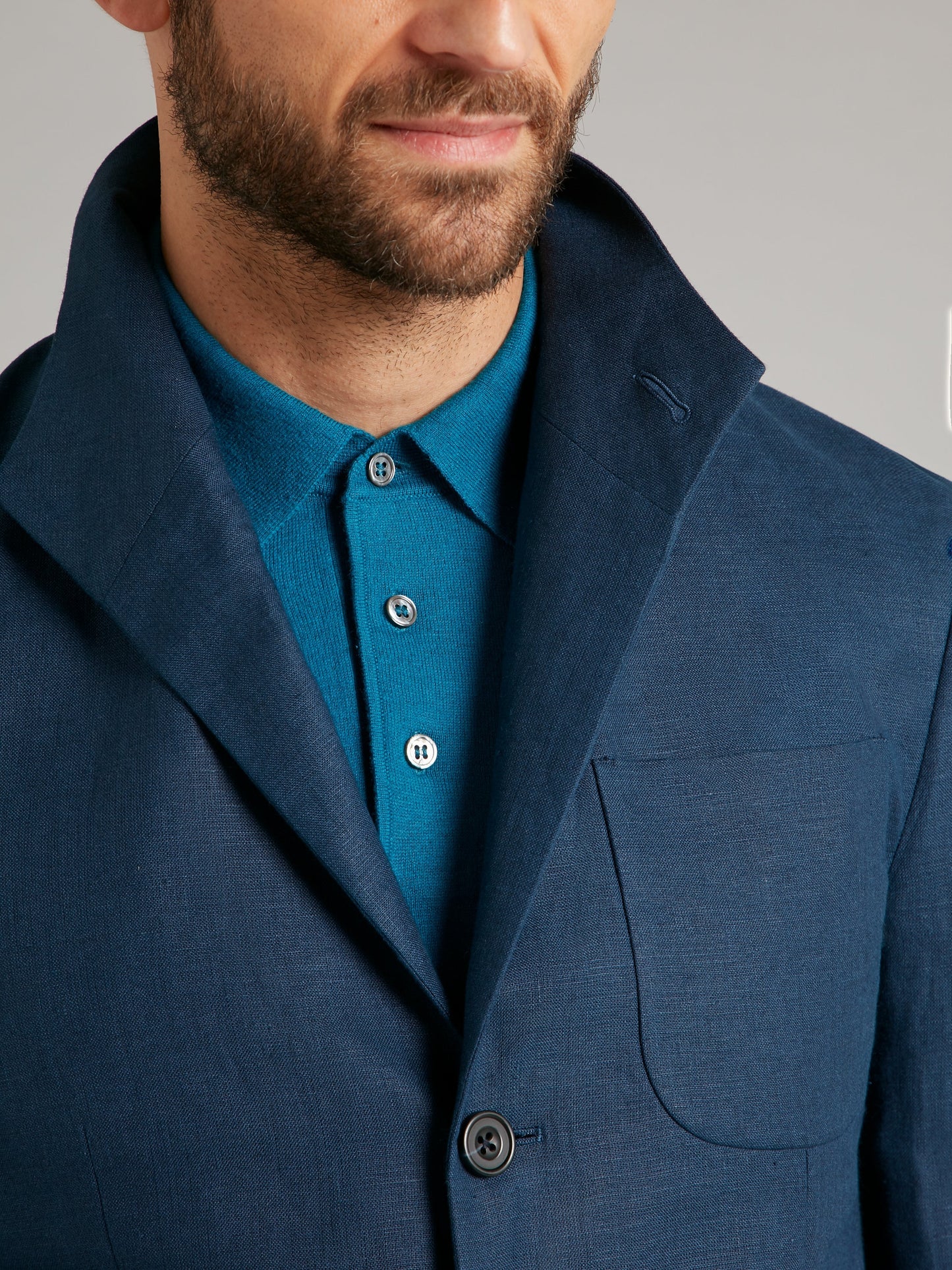 Mandarin Collar Linen Jacket - Navy