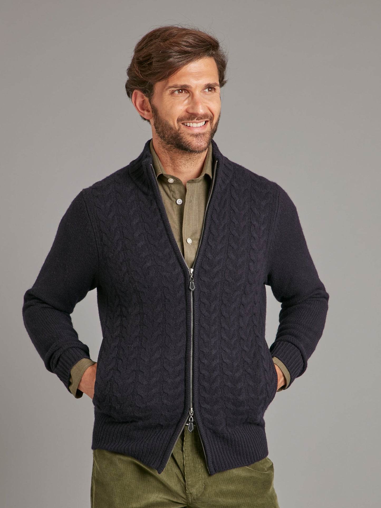 Lambswool Cable Knit Zip Cardigan - Navy