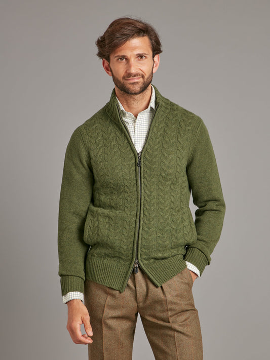 Lambswool Cable Knit Zip Cardigan - Rosemary