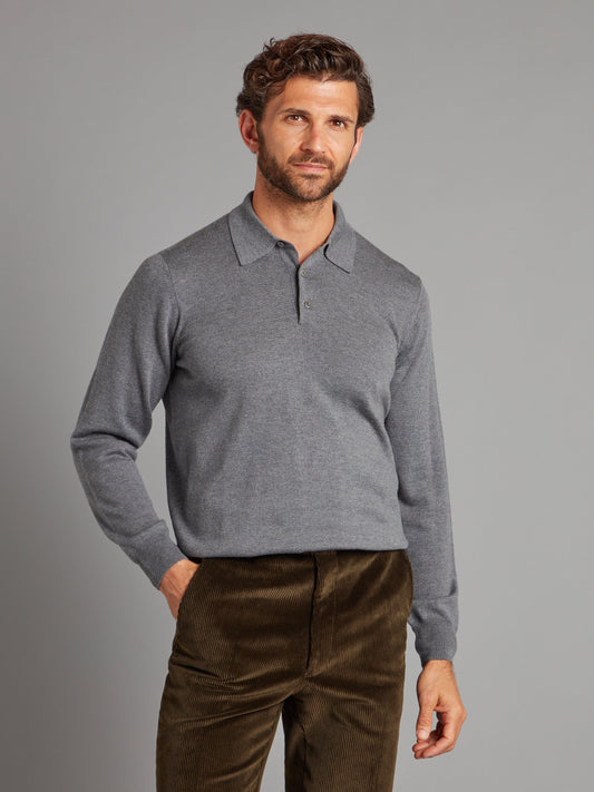 Fine Merino Long Sleeve Polo Shirt - Derby Grey