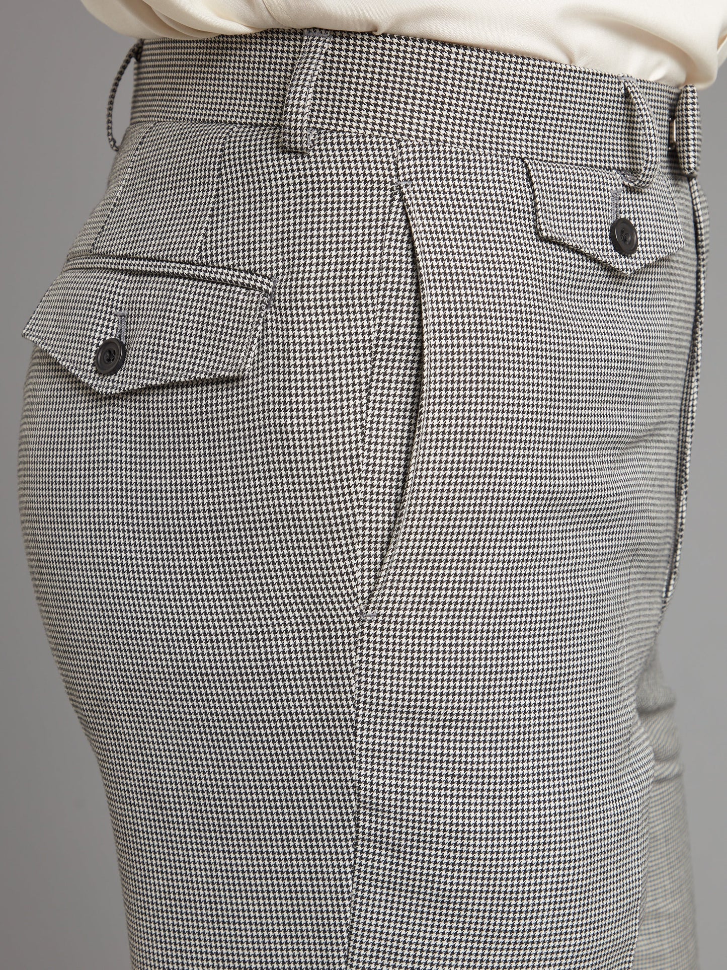 Flat Front Trousers with Coin Pocket - Black & White Houndstooth