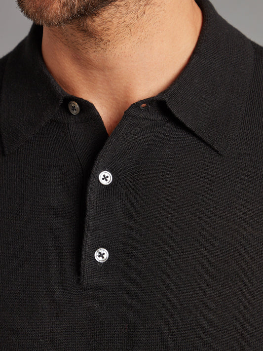 Fine Merino Long Sleeve Polo Shirt - Black