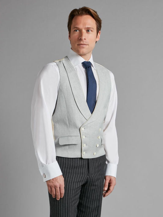 Double Breasted Waistcoat With Piping - Grey Herringbone