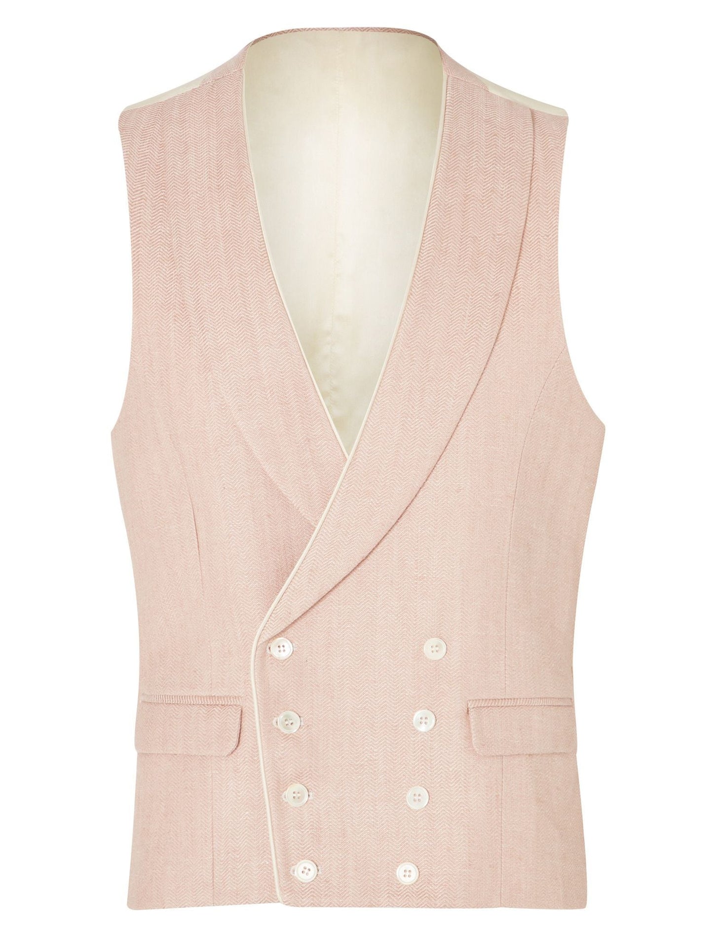 Double Breasted Waistcoat With Piping - Pale Pink Herringbone