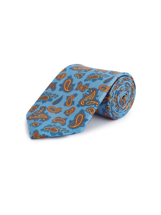 Pure Silk Paisley Print Tie - Blue