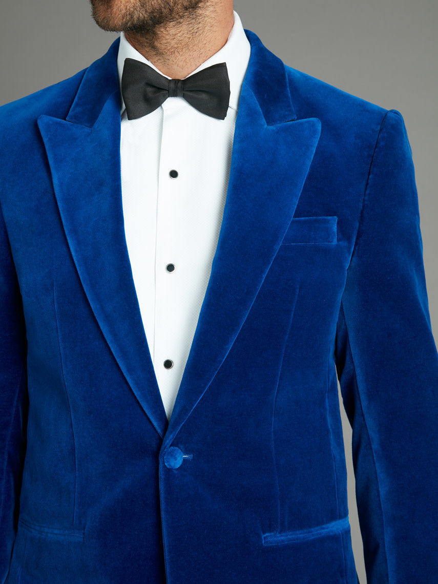 Oliver Brown blue velvet dinner jacket, peak lapel details