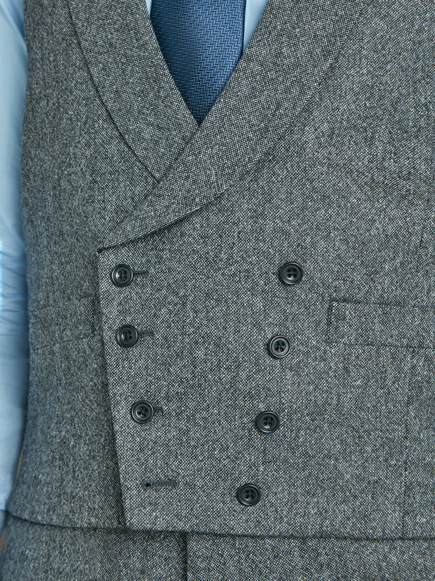 Double Breasted Wool Waistcoat - Flecked Mid Grey